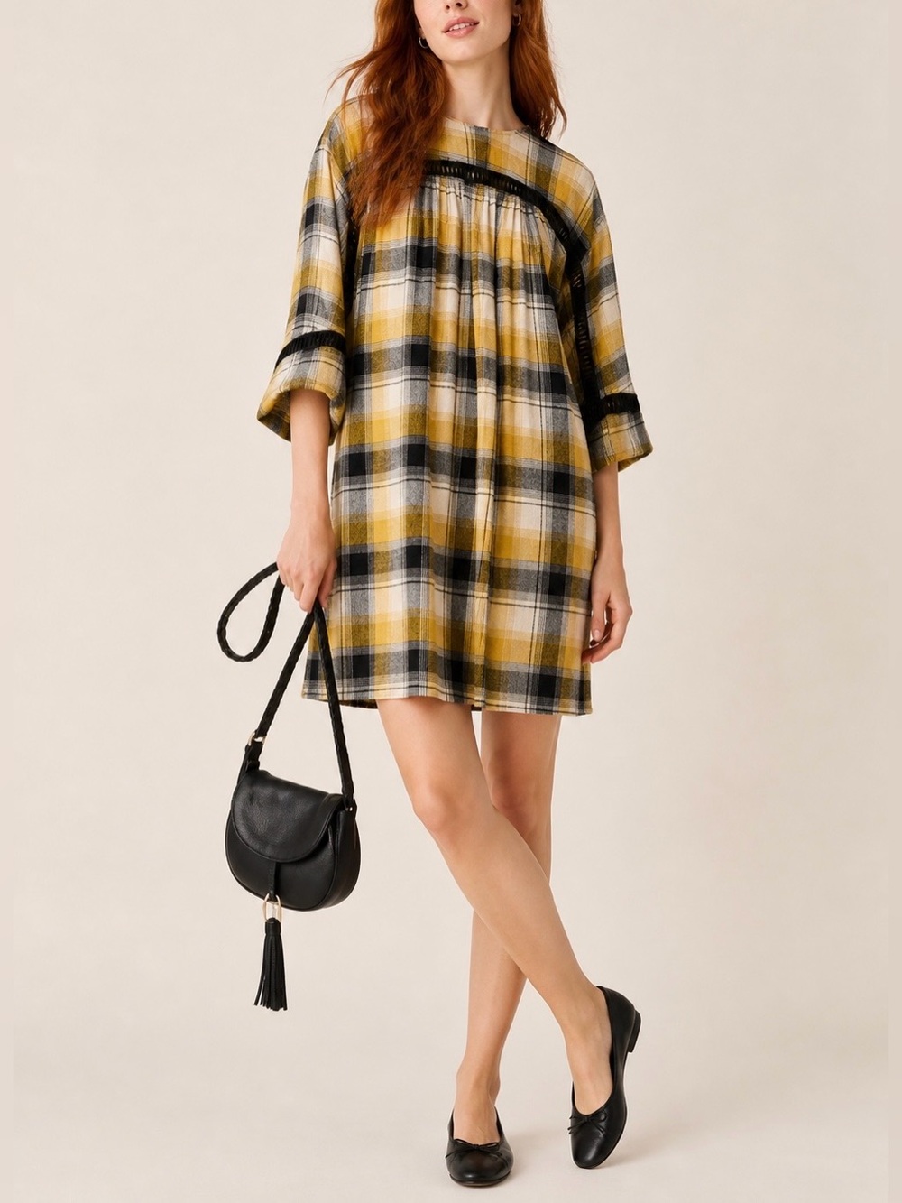 Anthropologie Maeve Cotton Blend Black Yellow Plaid Tunic Dress XS Ladder Trim